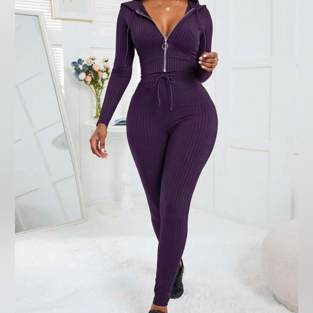 SHEIN SXY Rib-knit O-ring Zipper Drawstring Hoodie & Leggings Size L Purple